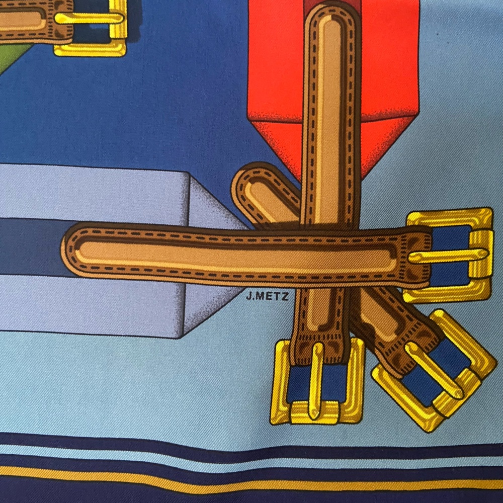 Hermes Scarf Les Sangles‎ Silk forever scarfJ Metz Blue background - Picture 3 of 8